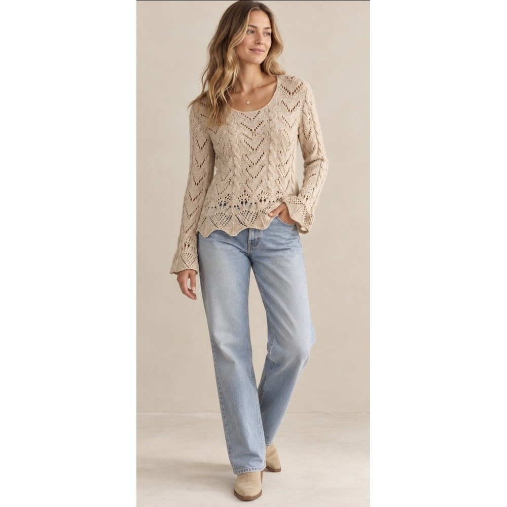 Sundance Open Knit Sweater Pullover XS Beige Pointelle Boho Coastal Cottagecore